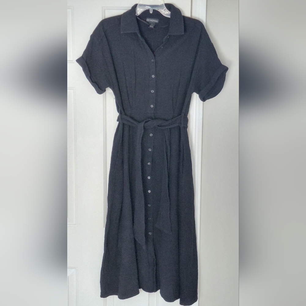 Design365 Black 100% Cotton Midi Button Prairie Collar Short sleeve Dress Medium